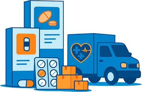 Ilustração caminhão e caixas de remédios